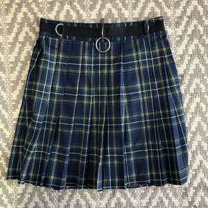 Current Mood Dolls Kill mini plaid pleated skirt frayed hem and o-ring accents